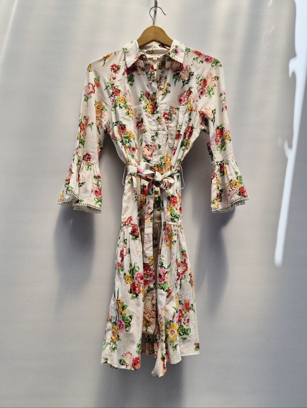 Rene Derhy Floral Drop-Waist Shirtdress Bell Sleeves Size Small Cottagecore Boho